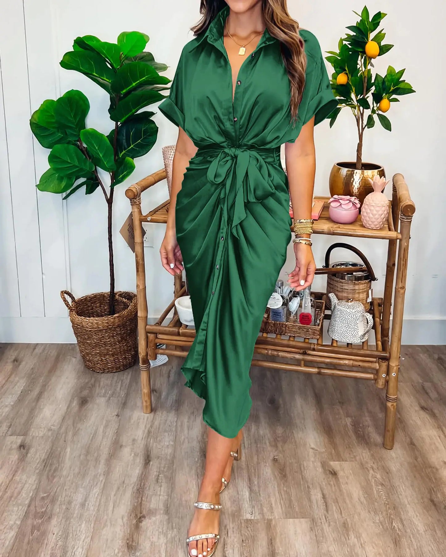 BTFBM 2024 Women Button Down Ruched Shirt Dresses Short Sleeve Lapel V Neck Elegant Party Spring Summer Maxi Satin Dress Large Short Sleeve Deep Green Aristo Threads