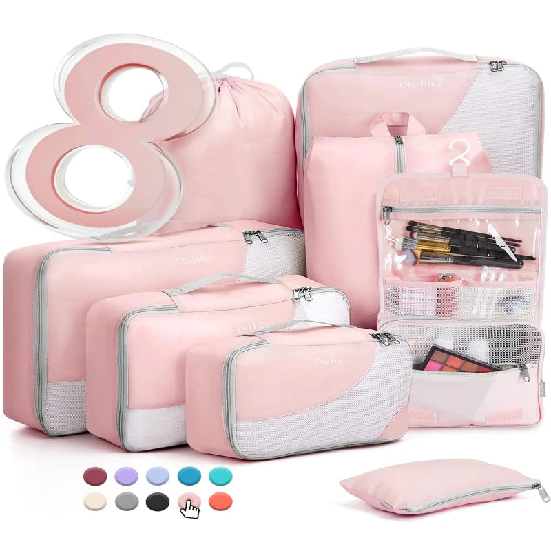 8 Set Packing Cubes for Travel, Sturdy Suitcase Organizer in 4 Sizes (Extra Large, Large, Medium, Small), OlarHike Luggage Cubes with Toiletry Bag, Travel Essentials, Cruise Ship Gifts for Women, Pink 04-Pink Aristo Threads