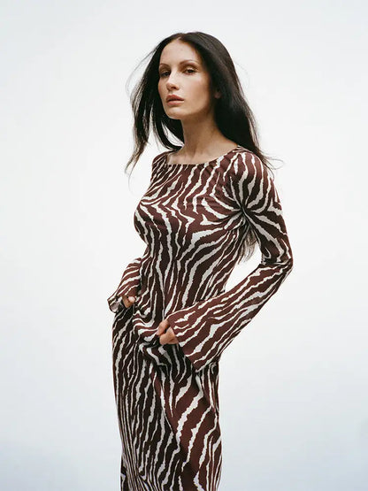 Zebra Print Long Sleeve Maxi Dress