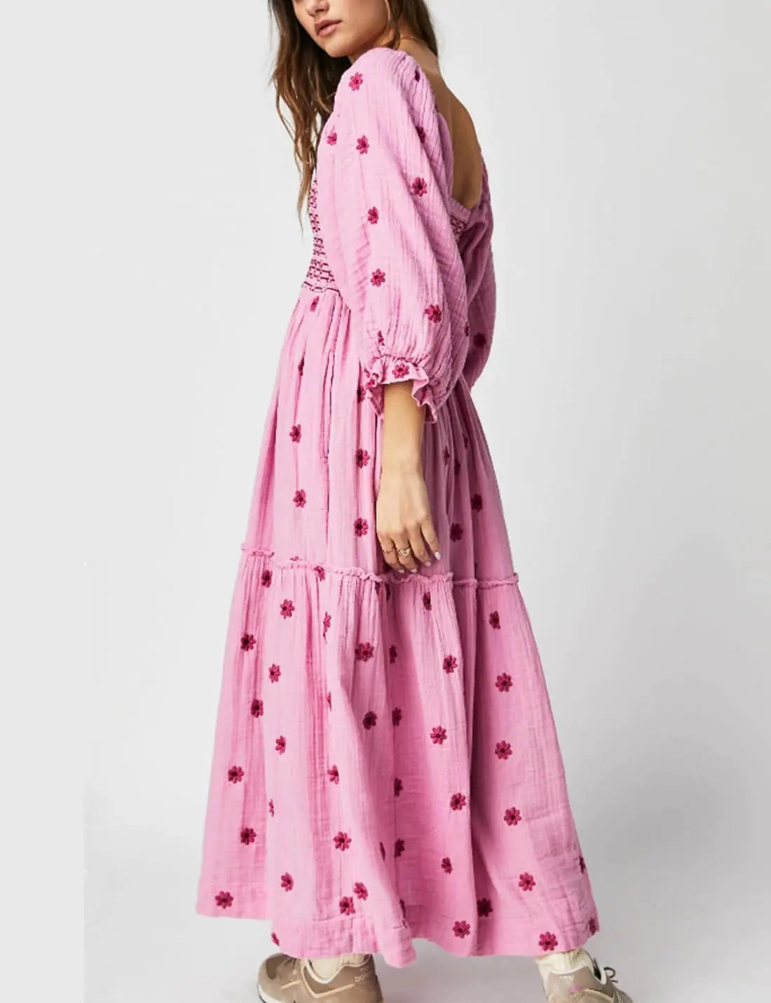 Women Floral Embroidered Pink Maxi Dress Aristo Threads