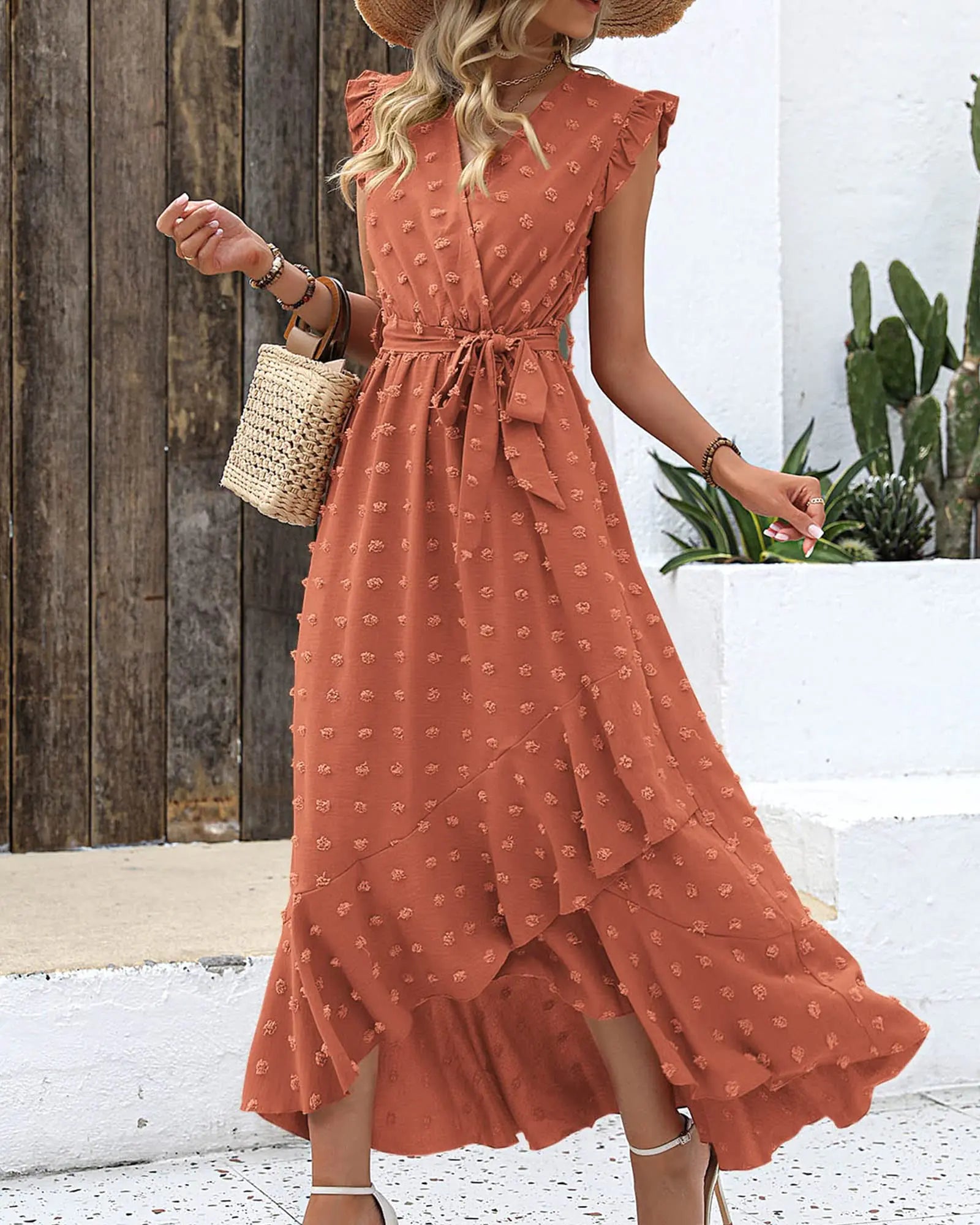 BTFBM Women 2024 Summer V Neck Dress Cap Sleeve Swiss Dot Boho Ruffle Slit Beach Cocktail Party Flowy Long Maxi Dresses Medium Swiss Dot Orange Red Aristo Threads