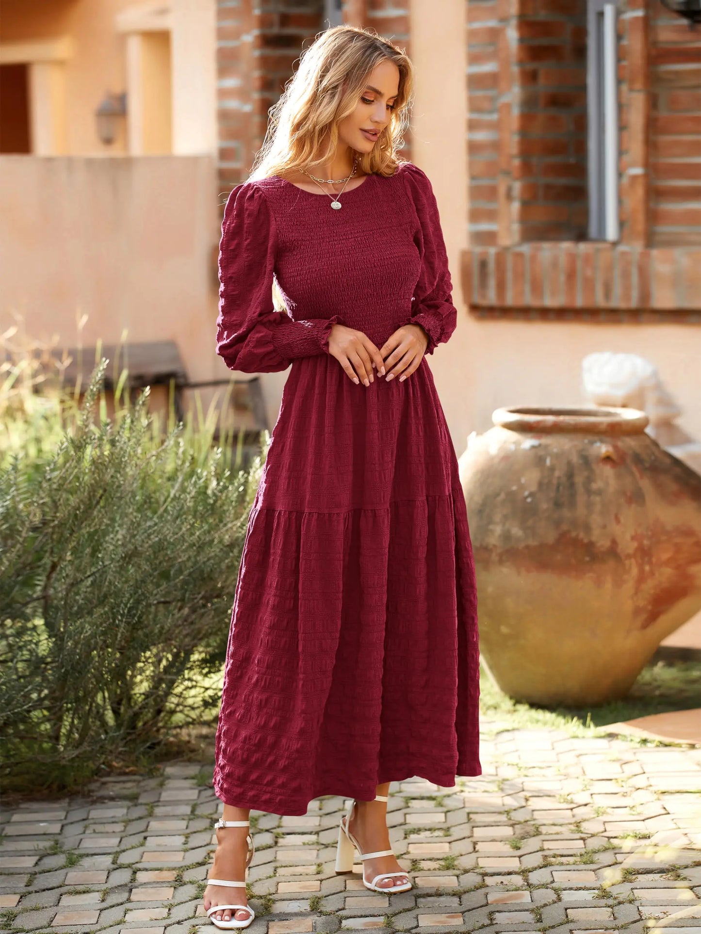 Long Sleeve Crewneck Smocked Maxi Dress Aristo Threads