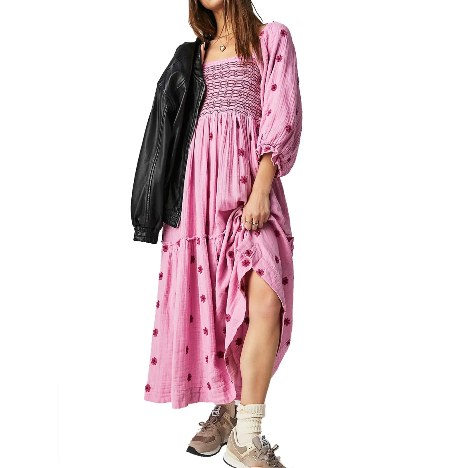 Women Floral Embroidered Pink Maxi Dress Aristo Threads