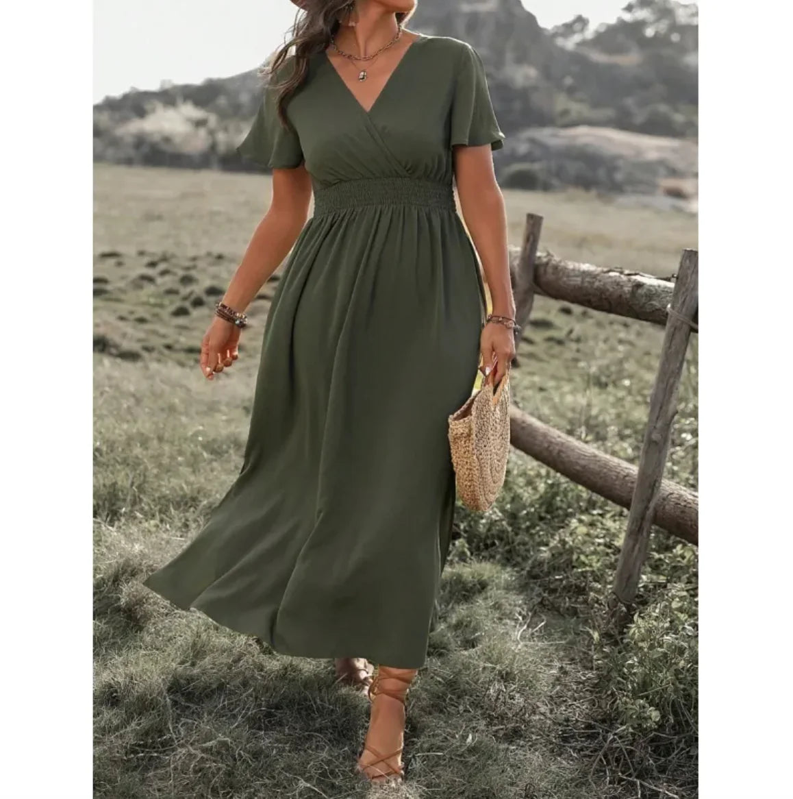 V-Neck Bell Sleeve Slit Long Dress