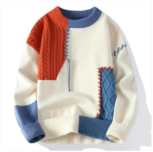 Men’s Colorblock Pullover Sweater – Winter Fashion Long Sleeve Top