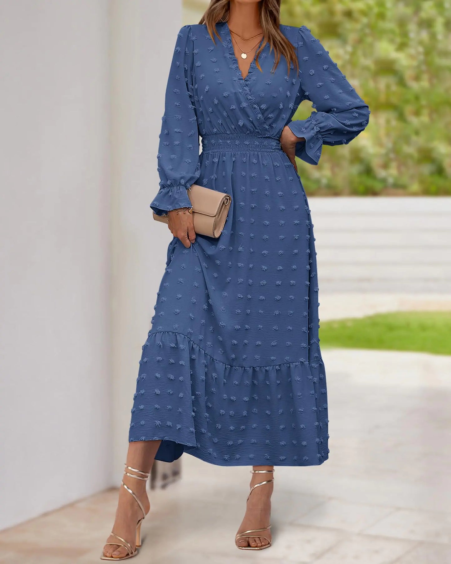 Long Sleeve V Neck Swiss Dots Maxi Dress Aristo Threads