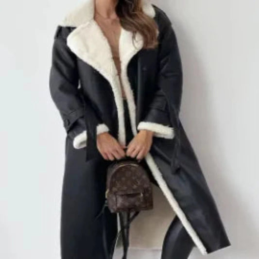 Chic Leather Plush Lapel Coat