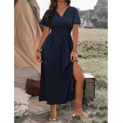 V-Neck Bell Sleeve Slit Long Dress