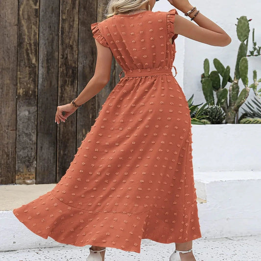 BTFBM Women 2024 Summer V Neck Dress Cap Sleeve Swiss Dot Boho Ruffle Slit Beach Cocktail Party Flowy Long Maxi Dresses Medium Swiss Dot Orange Red Aristo Threads