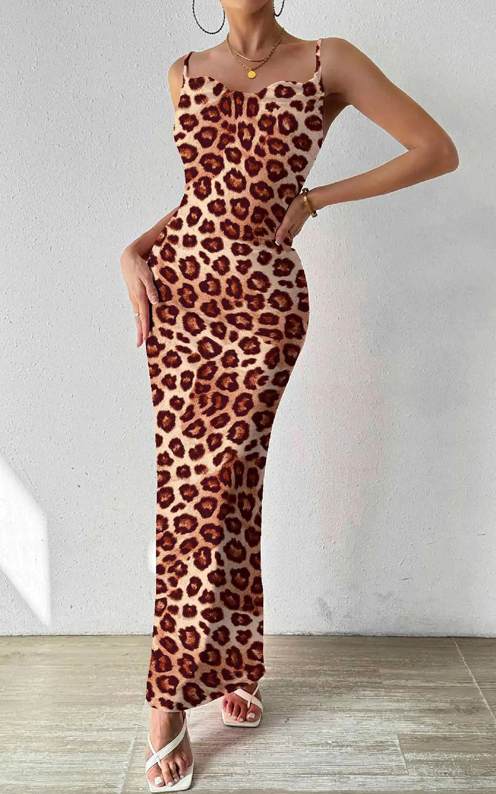 Brown Leopard Spaghetti Strap Maxi Dress Aristo Threads