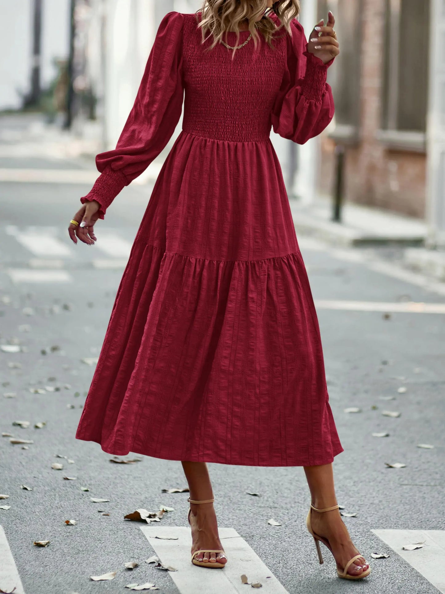 Long Sleeve Crewneck Smocked Maxi Dress Aristo Threads