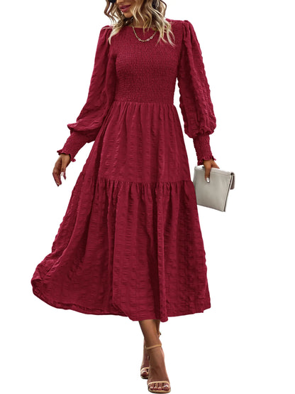 Long Sleeve Crewneck Smocked Maxi Dress Aristo Threads