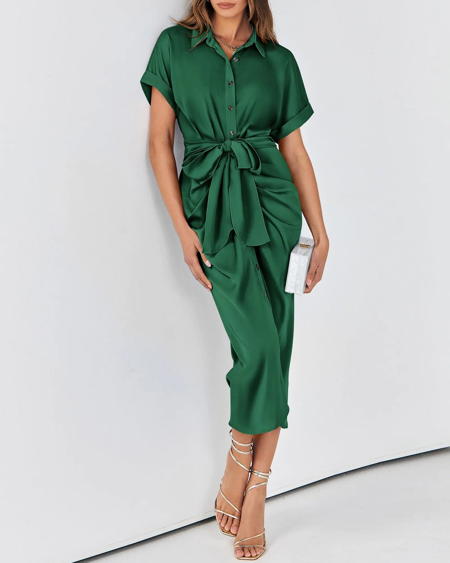 BTFBM 2024 Women Button Down Ruched Shirt Dresses Short Sleeve Lapel V Neck Elegant Party Spring Summer Maxi Satin Dress Large Short Sleeve Deep Green Aristo Threads