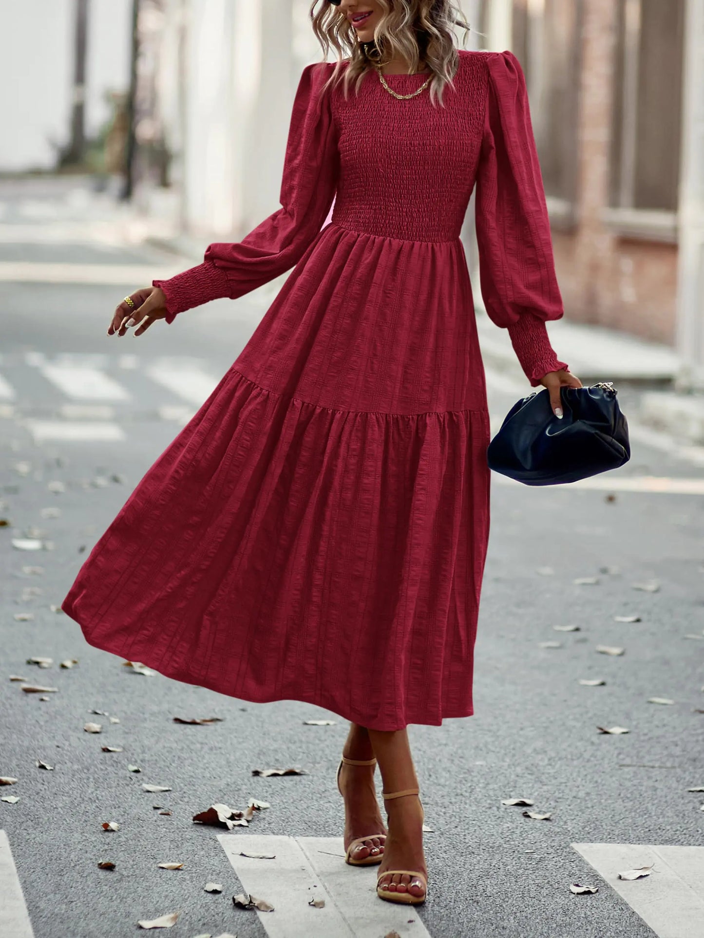 Long Sleeve Crewneck Smocked Maxi Dress Aristo Threads