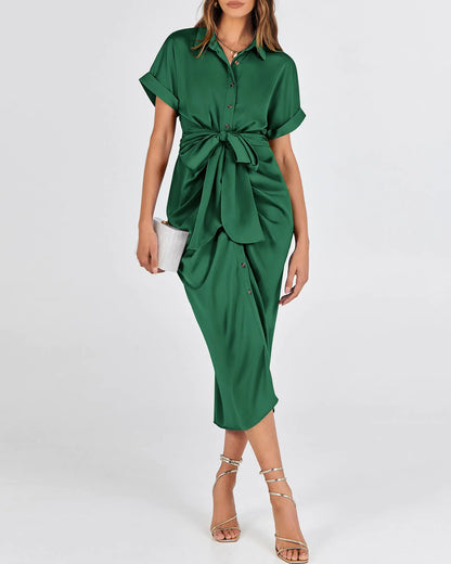 BTFBM 2024 Women Button Down Ruched Shirt Dresses Short Sleeve Lapel V Neck Elegant Party Spring Summer Maxi Satin Dress Large Short Sleeve Deep Green Aristo Threads