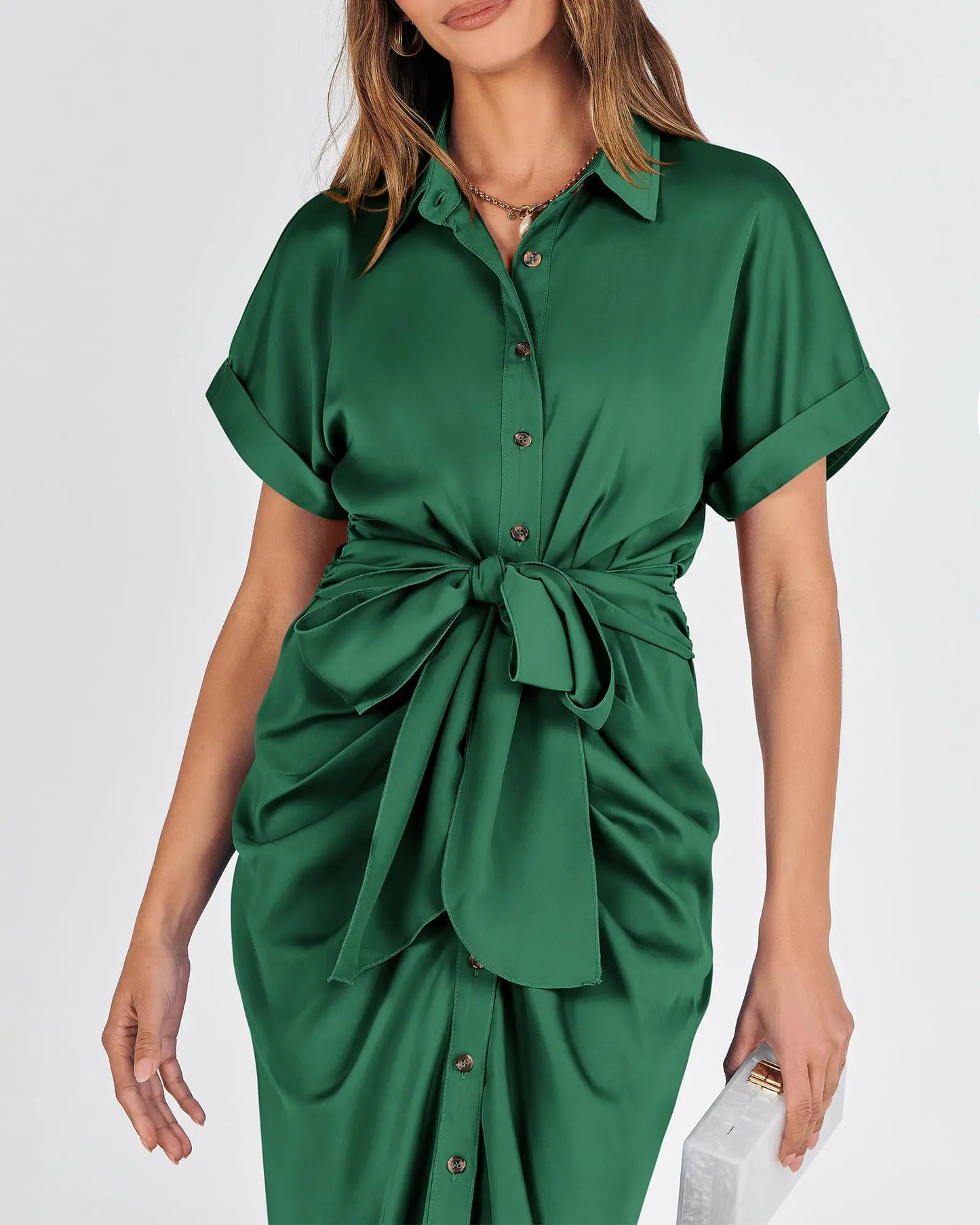 BTFBM 2024 Women Button Down Ruched Shirt Dresses Short Sleeve Lapel V Neck Elegant Party Spring Summer Maxi Satin Dress Large Short Sleeve Deep Green Aristo Threads