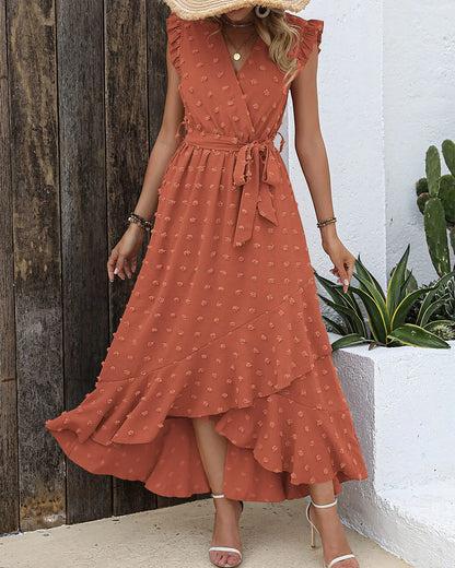 BTFBM Women 2024 Summer V Neck Dress Cap Sleeve Swiss Dot Boho Ruffle Slit Beach Cocktail Party Flowy Long Maxi Dresses Medium Swiss Dot Orange Red Aristo Threads