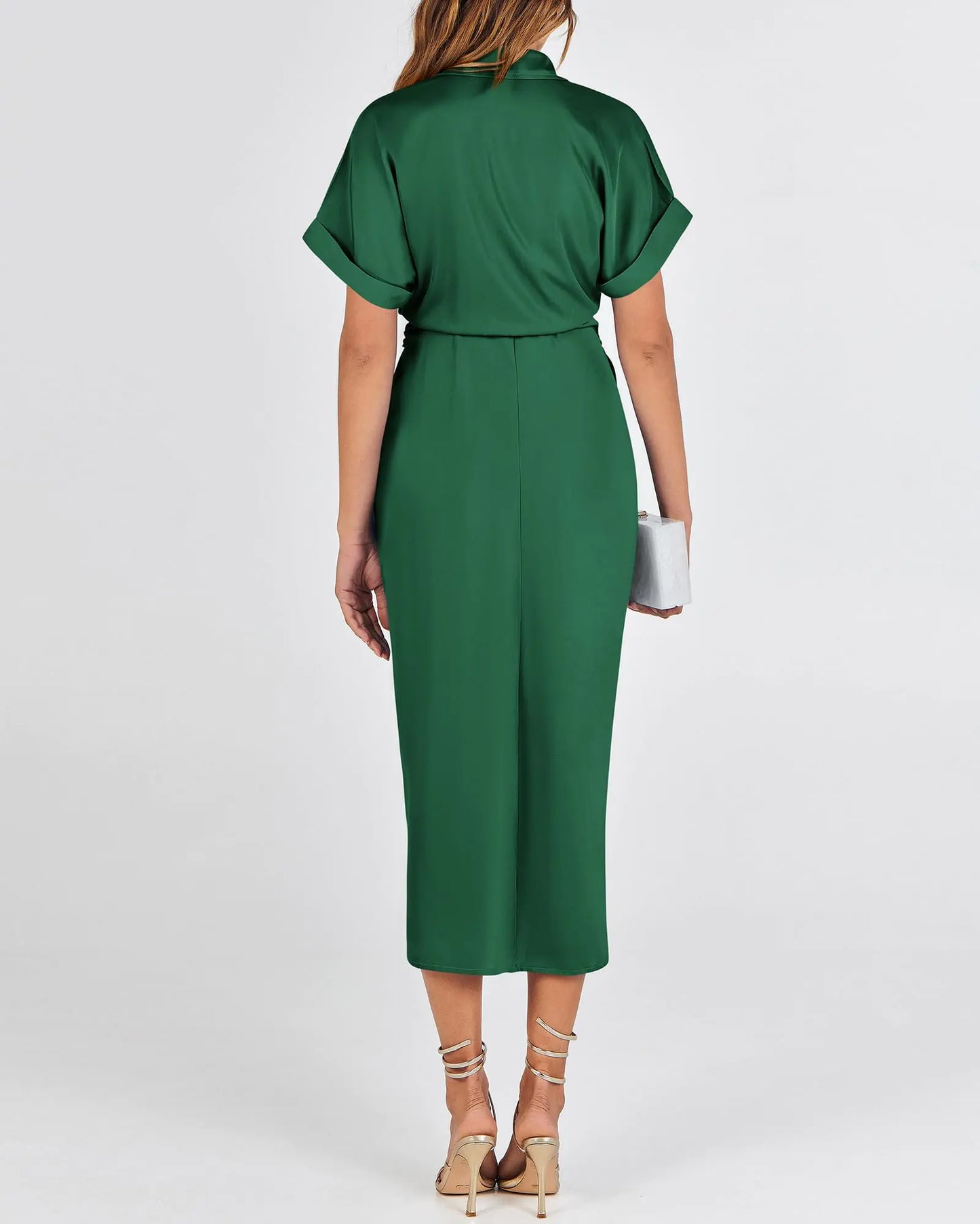 BTFBM 2024 Women Button Down Ruched Shirt Dresses Short Sleeve Lapel V Neck Elegant Party Spring Summer Maxi Satin Dress Large Short Sleeve Deep Green Aristo Threads