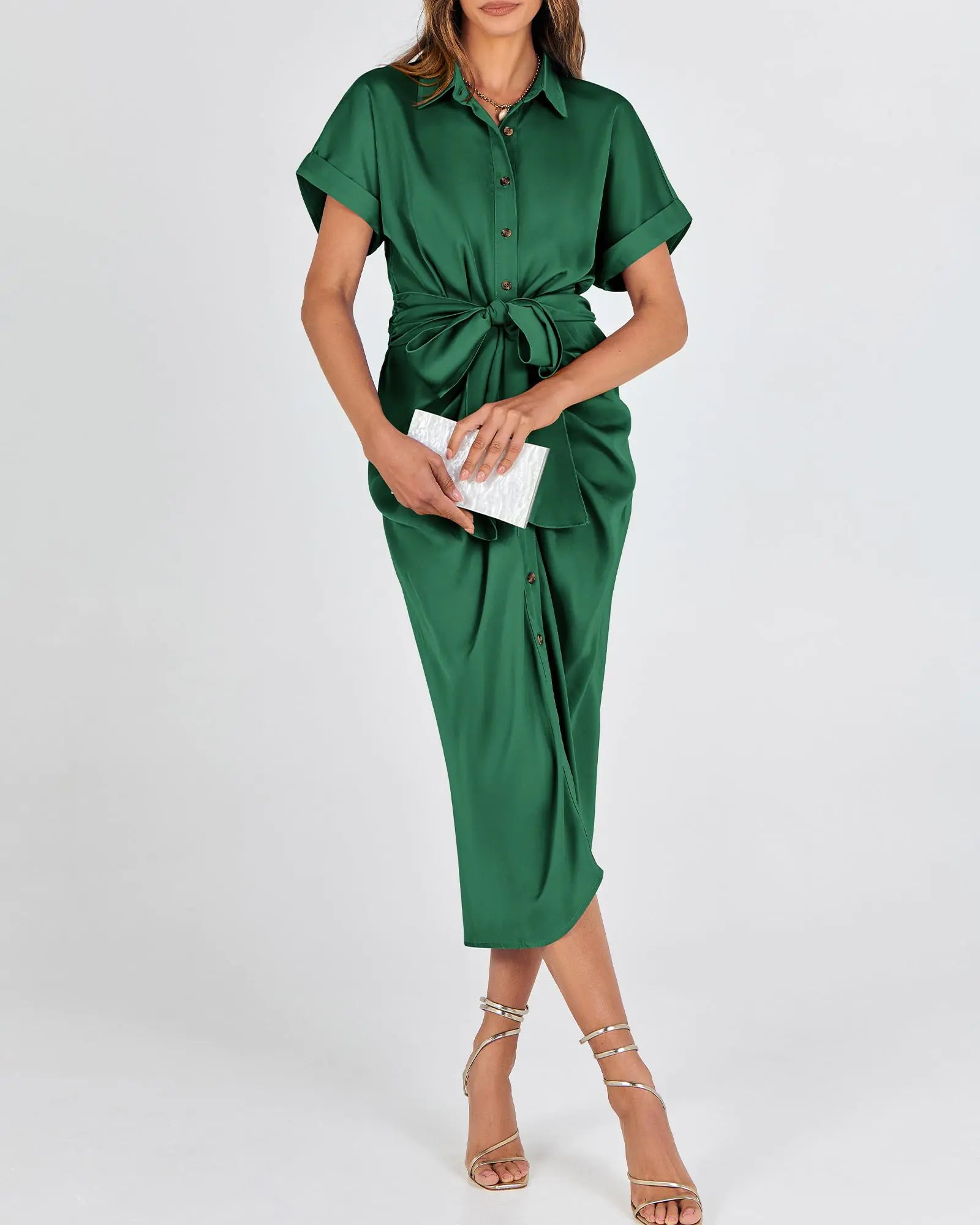 BTFBM 2024 Women Button Down Ruched Shirt Dresses Short Sleeve Lapel V Neck Elegant Party Spring Summer Maxi Satin Dress Large Short Sleeve Deep Green Aristo Threads