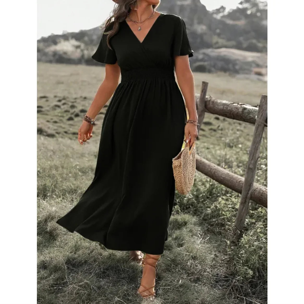 V-Neck Bell Sleeve Slit Long Dress