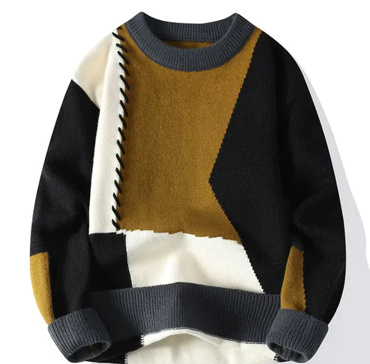 Vintage Men's Color Contrast Patchwork Knitted Sweater – Loose Fit Round Neck