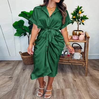 BTFBM 2024 Women Button Down Ruched Shirt Dresses Short Sleeve Lapel V Neck Elegant Party Spring Summer Maxi Satin Dress Large Short Sleeve Deep Green Aristo Threads