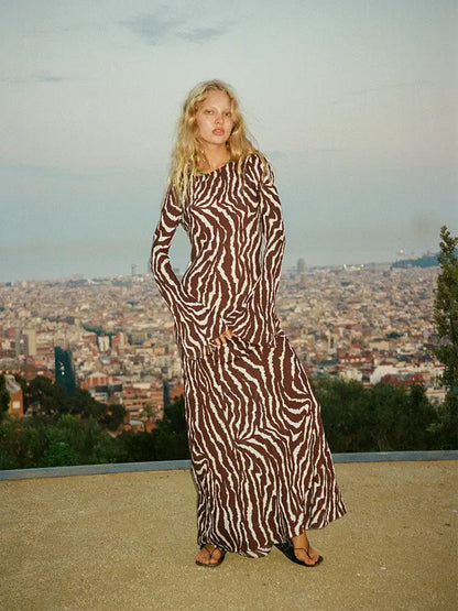 Zebra Print Long Sleeve Maxi Dress